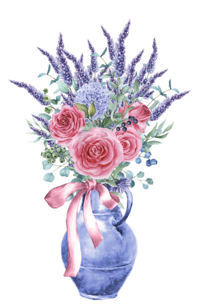 花瓶里的一束水彩薰衣草和玫瑰图片下载