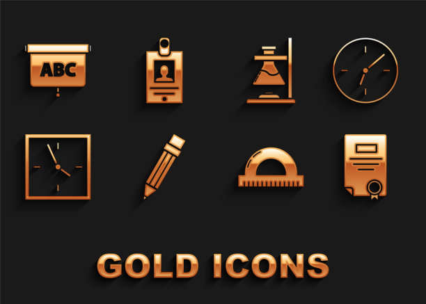 设置铅笔橡皮，时钟，证书模板，量角器网格测量度，玻璃试管烧瓶在火上，黑板和标识徽章图标。向量图片下载