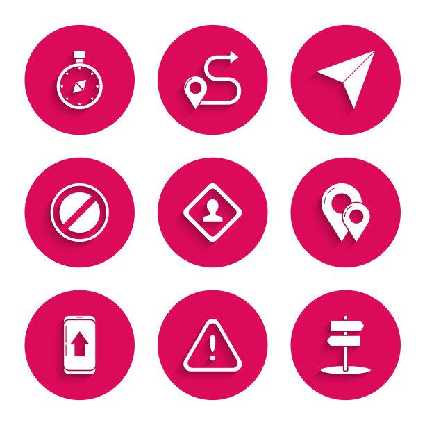 设置道路交通标志，三角感叹号，地图别针，城市地图导航信息图，停止，纸飞机和指南针图标。向量图片下载