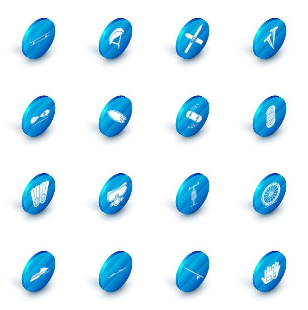 集自行车头盔，滑雪和棍棒，帐篷的钉子，滑板技巧，橡胶脚蹼游泳，冲浪板，攀岩绳和图标。向量图片下载