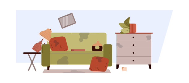 肮脏的客厅与污渍在沙发和混乱，平面矢量插图隔离在白色背景。图片下载