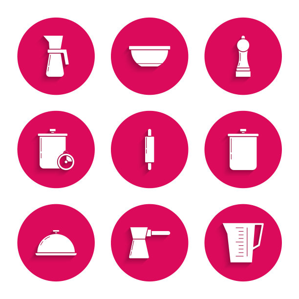 集擀面杖，咖啡土耳其，量杯，烹饪锅，覆盖与托盘食品，和厨房计时器，胡椒和图标。向量图片下载