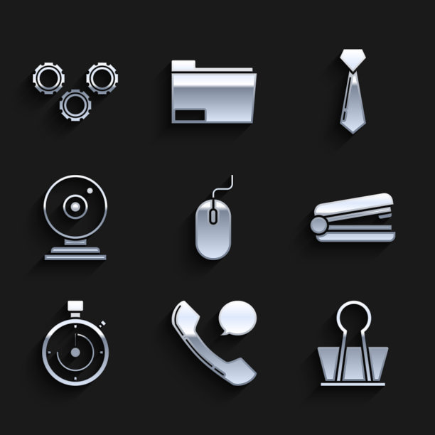 设置电脑鼠标，电话听筒和语音气泡聊天，活页夹，办公室订书机，公文包，网络摄像头，领带和齿轮图标。向量图片下载