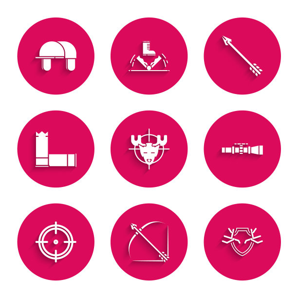 集狩猎驼鹿与准星，弓箭在箭筒，鹿角盾牌，狙击手光学瞄准具，目标运动射击比赛，墨盒，潮人和猎人帽子图标。向量图片下载