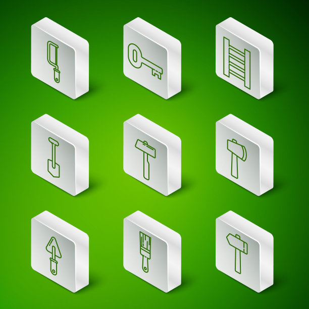 设置线锤，油漆刷，钢锯，铲子，旧钥匙，镘刀和木斧图标。向量图片下载