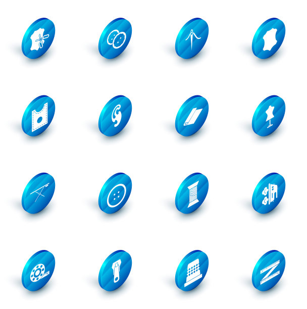 集缝制按钮的衣服，针缝制与线，皮革，图案，熨衣板，法国曲线，人体模型和纺织面料卷图标。向量图片下载