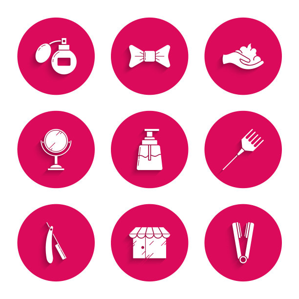 集须后水，理发店建筑，卷发铁的头发，发刷，直剃刀，手镜，剃须啫喱泡沫手和图标。向量图片下载