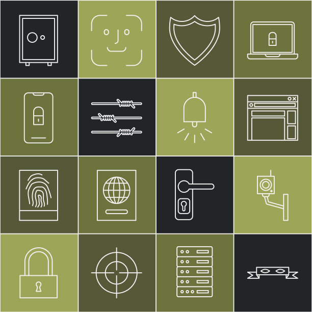 设置线小偷眼罩，安全摄像头，网站模板，盾牌，铁丝网，手机与封闭挂锁，安全和响警铃图标。向量图片下载