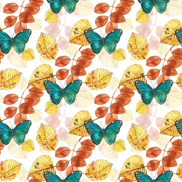 水彩秋叶在白色背景上的无缝图案。桦树、栗子、蓝蝴蝶、玫瑰果的叶子。适用于布纸请柬的印刷图片下载