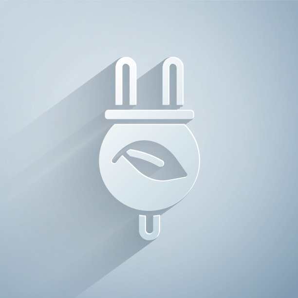 剪纸节电插头在叶子图标孤立的灰色背景。节约能源用电。环境保护。生物能源。纸艺风格。向量图片下载