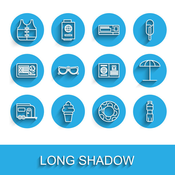 露营房车，冰淇淋华夫蛋筒，救生衣，橡胶游泳圈，瓶装水，眼镜，沙滩防晒伞和护照图标。向量图片下载