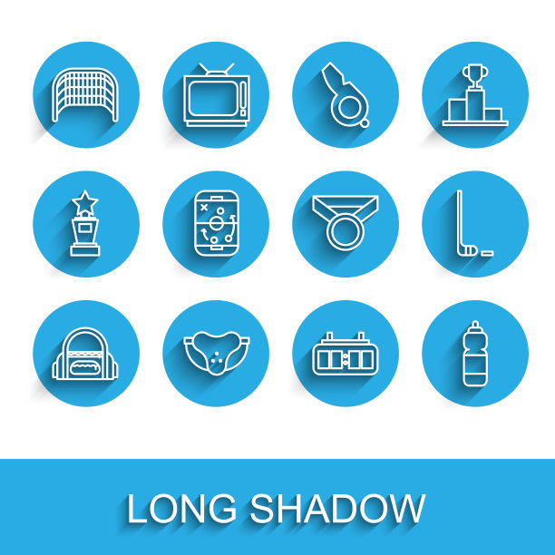 设定线运动包，保护性运动护裆，冰球目标，冰球机械记分牌，健身摇床，规划策略，棍和冰球和奖牌图标。向量图片下载