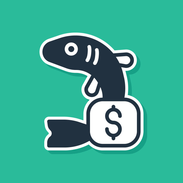 蓝色价格标签的鱼图标隔离在绿色背景。向量图片下载