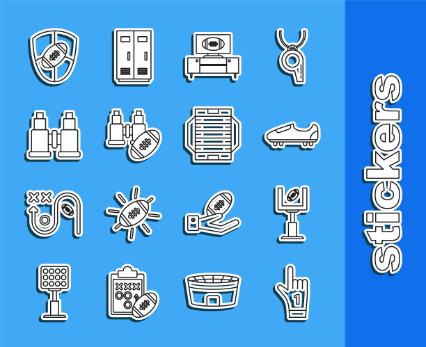 设置线1号一个球迷的手手套与手指升高，足球或鞋尖刺，电视节目的立场，美国双筒望远镜，足球盾牌和领域的图标。向量图片下载