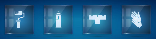 设置油漆滚筒刷、喷漆罐、记号笔附件和橡胶手套。方形玻璃板。向量图片下载