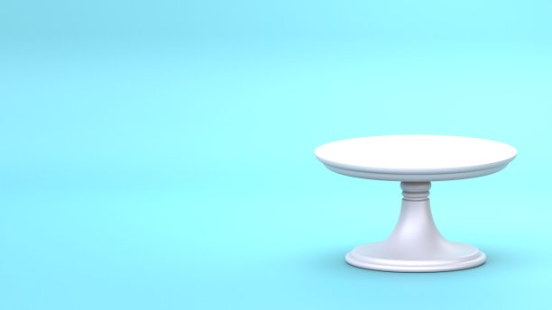 白色蛋糕架在蓝色背景上3d渲染。空的生日餐盘。宴会用盘盘讲台。图片下载