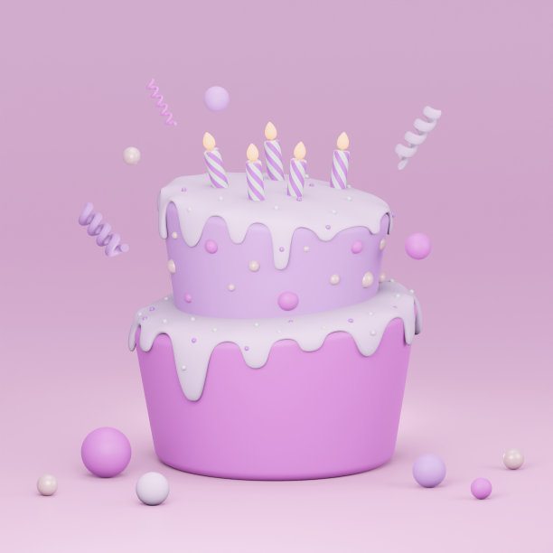 3D生日蛋糕渲染与蜡烛在粉红色的背景周年纪念聚会。紫色可爱的甜点配上装饰。图片下载