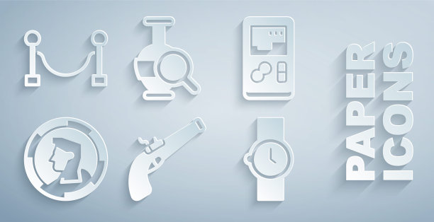 集老式手枪，便携式视频游戏机，古钱币，手表，双耳罐和绳子障碍图标。向量图片下载