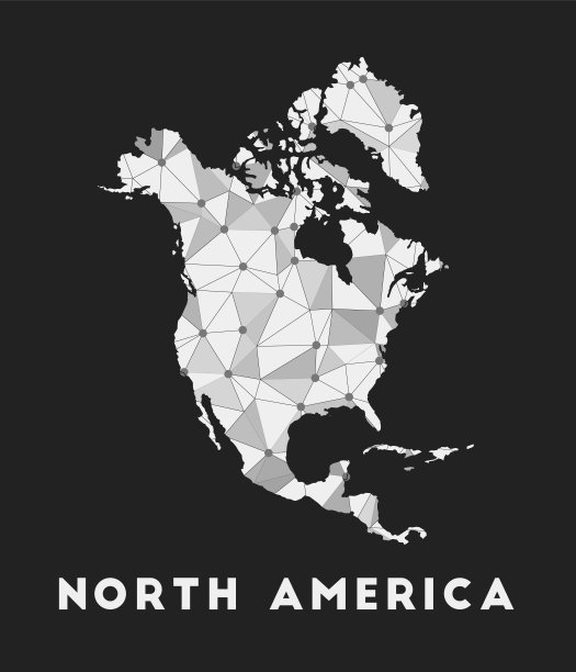 北美大陆通讯网络地图。北美时尚的几何设计在黑暗的背景。技术、互联网、网络、电信概念。矢量插图。图片下载