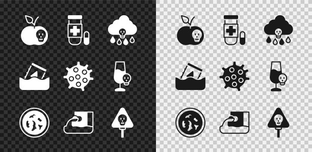 集毒苹果，解毒剂，酸雨，细菌培养皿，废水，骨头和头骨，放射性废物桶和细菌图标。向量图片下载