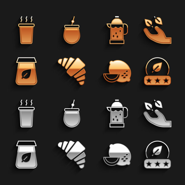 设置羊角包，茶叶在手，柠檬，包装，法国压滤机，杯茶和伴侣图标。向量图片下载