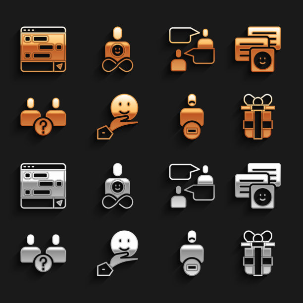 设置快乐的友谊日，在笔记本电脑上聊天的消息，礼盒，损失，复杂的关系，两个坐着的男人说话，和朋友永远的图标。向量图片下载