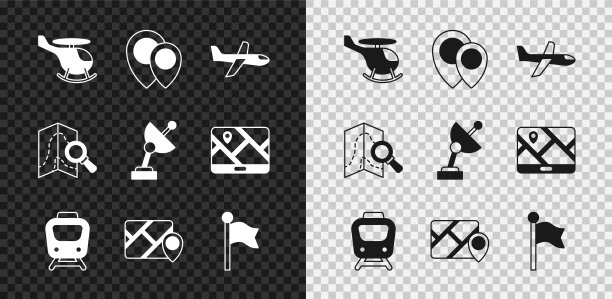 集直升机，位置，飞机，火车，信息图的城市地图导航，标记，搜索位置和雷达图标。向量图片下载