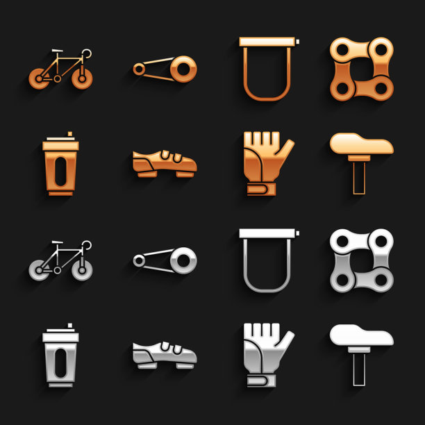 集自行车鞋，链条，座椅，手套，运动瓶与水，锁，齿轮图标。向量图片下载