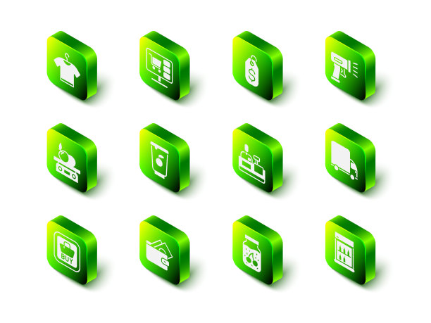 设置购物车在电脑上，价格标签与美元，扫描仪扫描条形码，送货卡车，商用冰箱，收银收银机，果酱罐和钱包钱的图标。向量图片下载