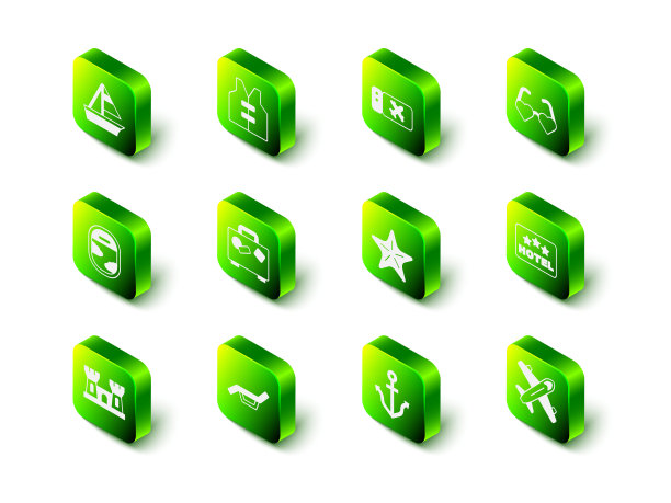 集救生衣，机票，心形的爱情眼镜，招牌文字酒店，飞机，海星，锚和日光浴床和伞图标。向量图片下载