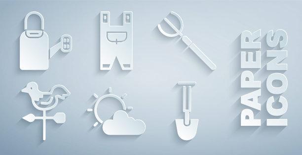 夕阳和云天气，花园干草叉，公鸡风向标，铲子，工人的衣服和洒水罐图标。向量图片下载