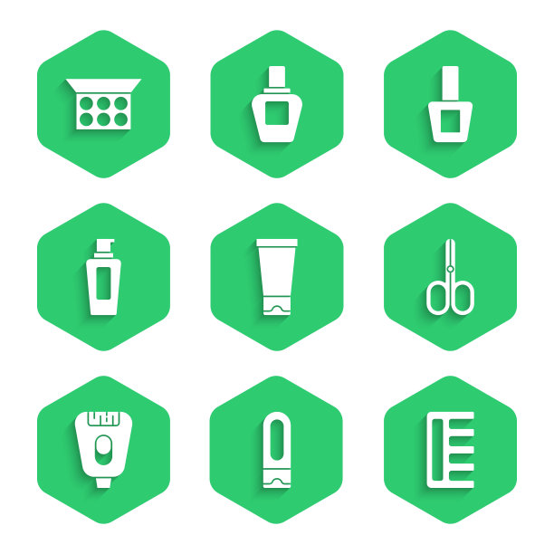 集霜或乳液化妆品管，瓶洗发水，发刷，剪刀，脱毛器，指甲油瓶和化妆粉与镜子图标。向量图片下载