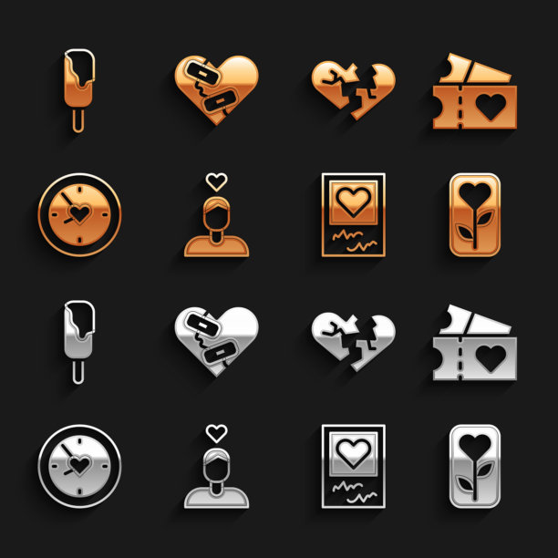 集夫妇在爱，爱票，花玫瑰，相框和心，时钟与，破碎或离婚，冰淇淋和愈合破碎的图标。向量图片下载