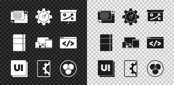 集UI或UX设计，网站统计，规划策略概念，开发，RGB和CMYK色彩混合，Sketchbook相册和监视器，手机，平板电脑图标。向量图片下载