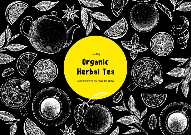 茶矢量插图。柑橘和茶叶。健康的饮料。手绘草图。雕刻风格。可用于茶类产品的复古包装设计。矢量手绘集。图片下载