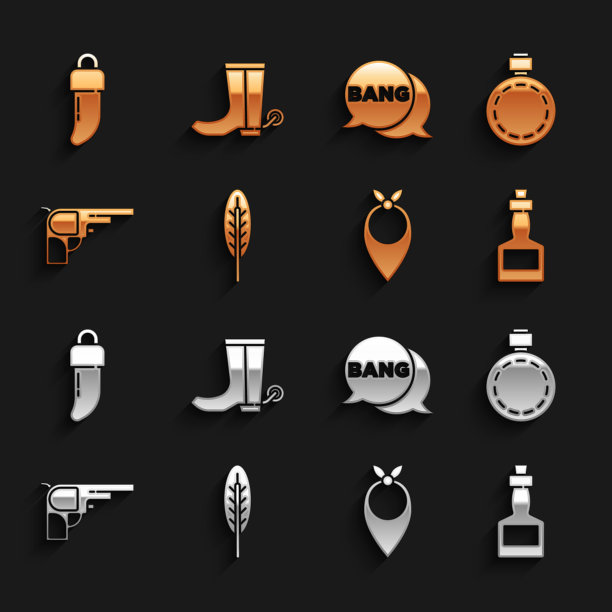 集印度羽毛，水壶，塔巴斯科酱，牛仔手帕，左轮手枪，砰砰，漫画，牙齿和靴子图标。向量图片下载