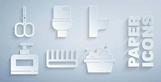 集发刷，马桶，一瓶洗发水，盆肥皂泡沫，和指甲剪刀图标。向量图片下载