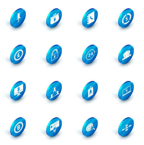 设置钱包与美元符号，地址簿，硬币钱，英镑，电脑显示器，锁，用户组和时钟24小时图标。向量图片下载
