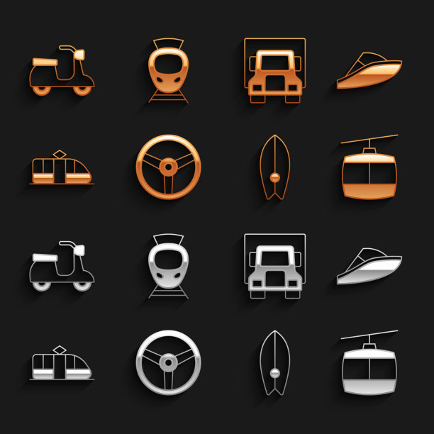 集方向盘，快艇，缆车，冲浪板，有轨电车和铁路，货运卡车，摩托车和图标。向量图片下载