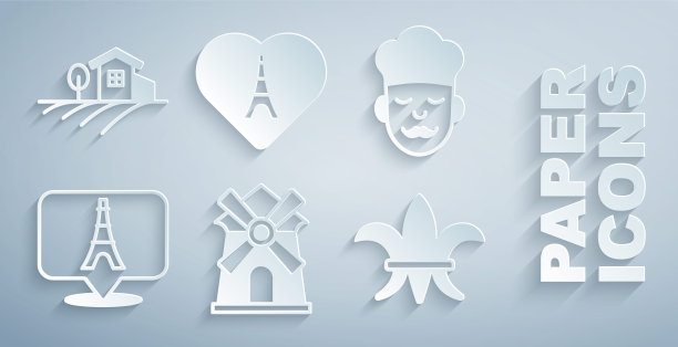 集风车，库克，埃菲尔铁塔，芙蓉德利斯，心脏和村庄景观图标。向量图片下载