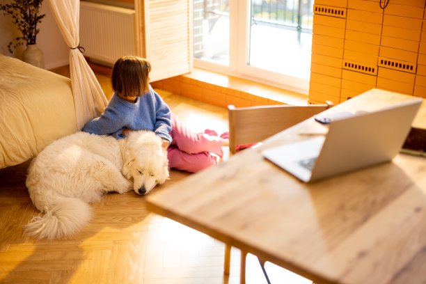 带着狗在家里放松的女人图片下载