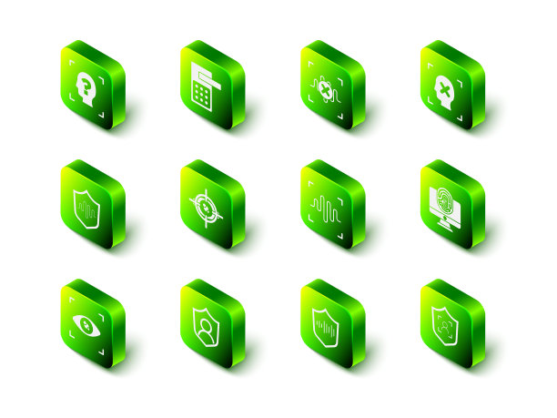 设置“数字门锁”、“拒绝语音识别”、“人脸”、“指纹监控”、“屏蔽”、“语音”和“用户保护”图标。向量图片下载