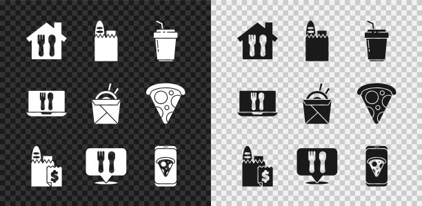 集网上订购和送货，购物袋食品，咖啡杯去，咖啡馆餐厅的位置，食品披萨，和亚洲面条筷子图标。向量图片下载