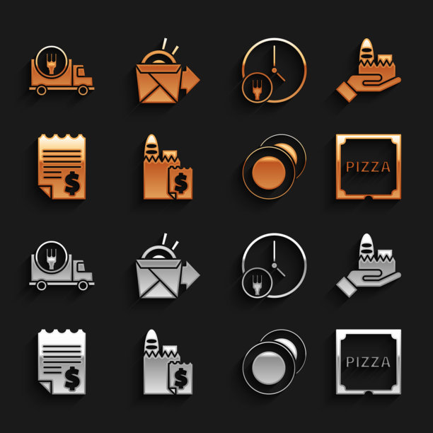 集在线订购和配送，比萨饼纸箱，盘子，纸质财务检查，24小时，快速通过和面条图标。向量图片下载