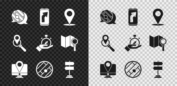 设置信息图的城市地图导航，城市，位置，监控与位置标记，折叠，道路交通标志，搜索和指南针图标。向量图片下载