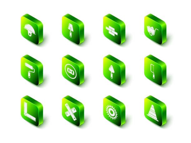 设置铲，砖，铲，钢锯，交通锥，圆形刀片和十字尺子图标。向量图片下载