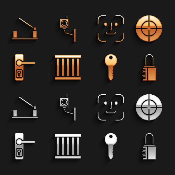 设置监狱窗口，目标运动，安全密码锁，钥匙，门把手，人脸识别，停车场汽车屏障和安全摄像头图标。向量图片下载