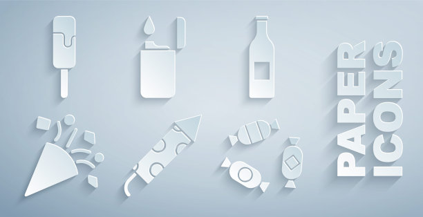 集烟花火箭，啤酒瓶，节日五彩纸屑，糖果，打火机和冰淇淋图标。向量图片下载