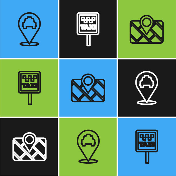 设置线路位置与出租车，Gps设备地图和道路标志的立场图标。向量图片下载