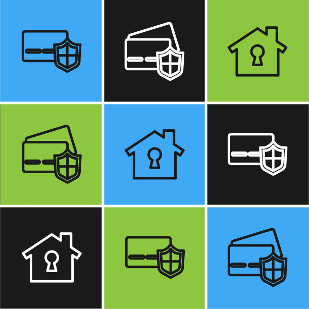 设置线路信用卡与盾牌，房子在保护和图标。向量图片下载